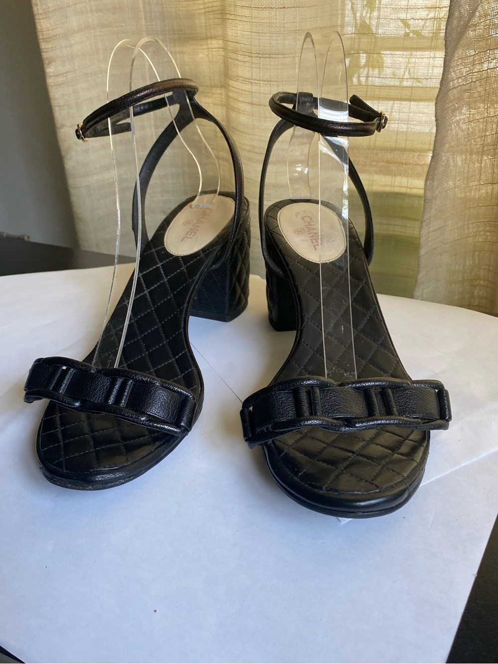 CHANEL Black Quilted Leather Ankle-Strap Sandals with Bow